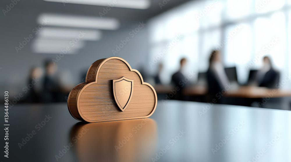 Leinwandbilder wooden cloud with shield symbol sits on table in modern office, symbolizing secure cloud computing. 