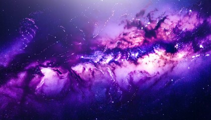 A stunning cosmic scene featuring vibrant purple and dark hues, illustrating a galaxy filled with stars and cosmic clouds.