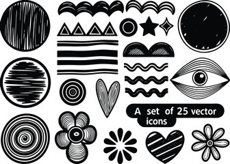 Set of Abstract brush painted shapes stripes, smears, exclamation mark, eye, heart and flower. Childish playful organic grunge elements