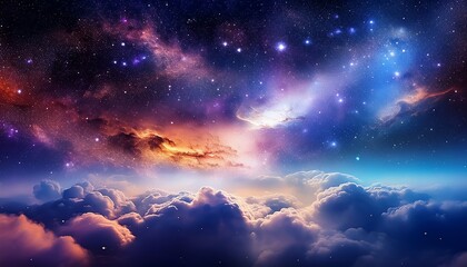 Fototapeta premium A stunning cosmic scene depicting a colorful nebula against a starry sky, with fluffy clouds below, evoking a sense of wonder and exploration.