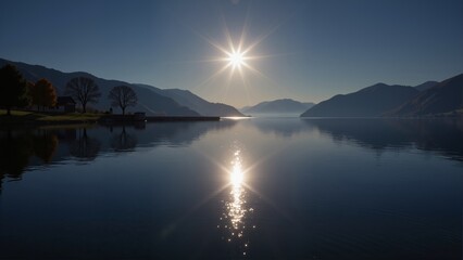 Obraz premium Lake Geneva Glow in Switzerland Lausanne shines brightly over calm lake, reflective surface, peaceful scenery. Concept of natural beauty, Lake Geneva Glow in Switzerland Lausanne landscape.