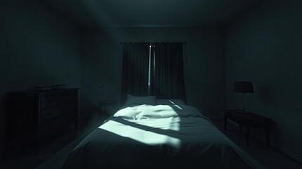 Dark bedroom illuminated by a thin stream of sunlight