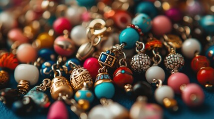 Charming collection of unique jewellery charms closeup view vibrant colors artistic display creative concept