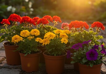 夕日輝く庭、鮮やか花鉢、温かい色合いの花々