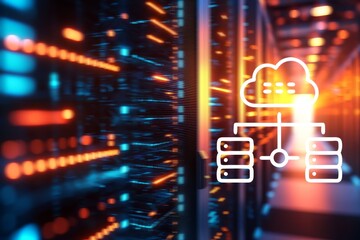 Data center and server optimization concept Data servers with cloud computing visual and glowing connections.
