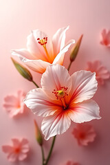 Obraz premium Delicate hibiscus blooms floral arrangement soft pink background romantic ambiance close-up view