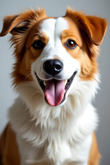 Playful dog smiling at camera indoor setting portrait photography cheerful atmosphere close-up