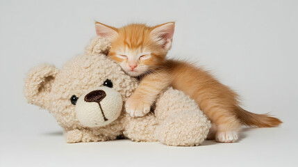 Adorable orange kitten peacefully sleeping on a fluffy teddy bear against a plain background