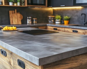 A modern kitchen with a concrete countertop and wooden cabinets