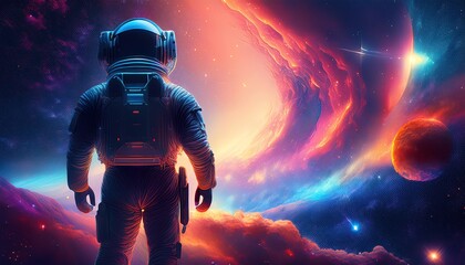 An astronaut gazes at a vibrant cosmic scene filled with swirling galaxies and colorful celestial bodies.