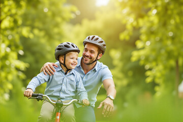 Father and son biking together, smiling in a lush green park