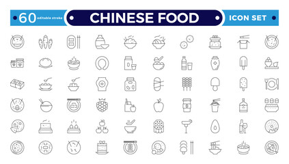 Chinese Food icon set. Includes Soup, Bowl, Chinese, Food, Kitchen, Meal, Burger, donut, French fries, hot dog, kabab, pizza, ice cream, pizza, and More. Editable stroke outline icon.

