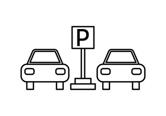 Icono negro de aparcamiento con coches y señal