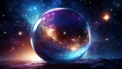 Obraz premium A cosmic sphere floats in a starry expanse, radiating vibrant colors and celestial patterns, evoking a sense of wonder and mystery.