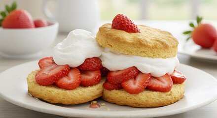 plated strawberry shortcake, featuring a golden, flaky biscuit sliced in half, layered with fresh, juicy strawberry 