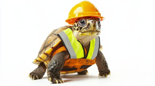 Turtle Wearing Construction Outfit and Helmet for Safety Gear