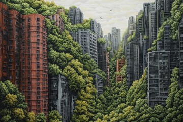 Obraz premium An intricate mural of a cityscape being covered by vibrant graffiti, blending art and urban life.
