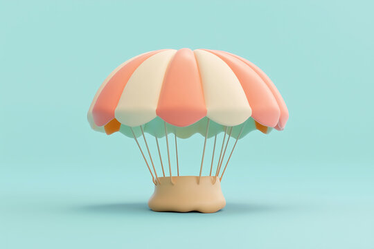 A stylized 3D illustration of a pastel parachute attached to a small package. A playful delivery and transportation-themed design symbolizing air shipping and logistics in soft minimal style.
