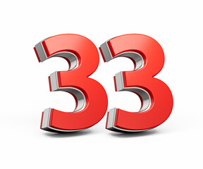Bold Vibrant Red Number Thirty three Number 33 With Metallic On White Background 3D Illustration