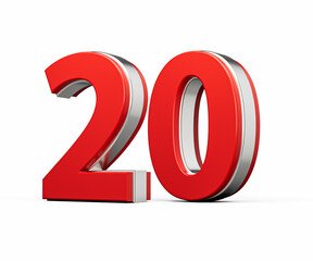 Bold Vibrant Red Number Twenty Number 20 With Metallic On White Background 3D Illustration