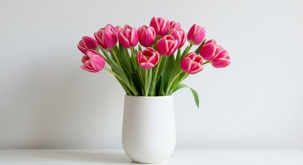 Obraz premium Pink And White Tulips Bouquet In A White Vase On A White Table