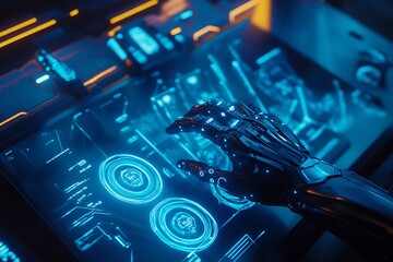 Fototapeta premium Futuristic Robotic Hands Interacting with a Virtual Interface
