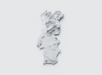 Snowy Portugal Map White and Gray Shaded Relief Textured. 3D illustration