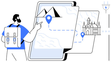 Backpacker pointing at landmarks on digital screen with route navigation. Ideal for travel, navigation, planning, exploration, technology, tourism, adventure. Symbolic flat simple metaphor