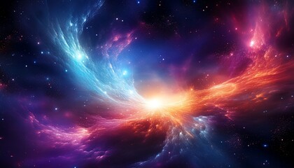 Obraz premium A vibrant cosmic scene featuring swirling colors of blue, purple, and orange, depicting the beauty and mystery of space.