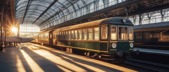 Naklejka premium Nostalgic Journey Vintage Train Car Bathed in Station Sunlight Beauty