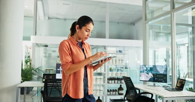 Tablet, contact and woman in office for email with sustainable report for agriculture management. Digital technology, windmill and female environmental consultant with interactive board for company.