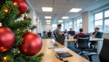 Festive office holiday decorations enhancing Christmas promotion atmosphere