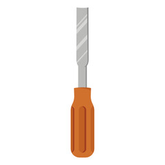 Chisel tool with a sharp steel blade and ergonomic orange handle on a white background. Used for carving and shaping wood. Vector illustration