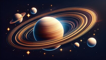 Fototapeta premium A vibrant cosmic scene featuring Saturn surrounded by its rings and several smaller planets, set against a backdrop of stars.