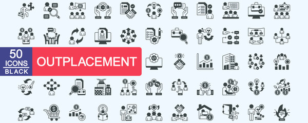 Outplacement icon set collection. Consist of career guidance, hire, workshop, support, agreement, skills, advice, requirement, training, new job. Simple vector black illustration.