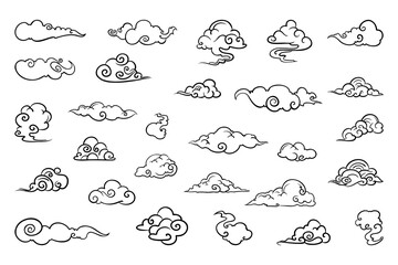 Collection of cloud doodles in asian style isolated on white background