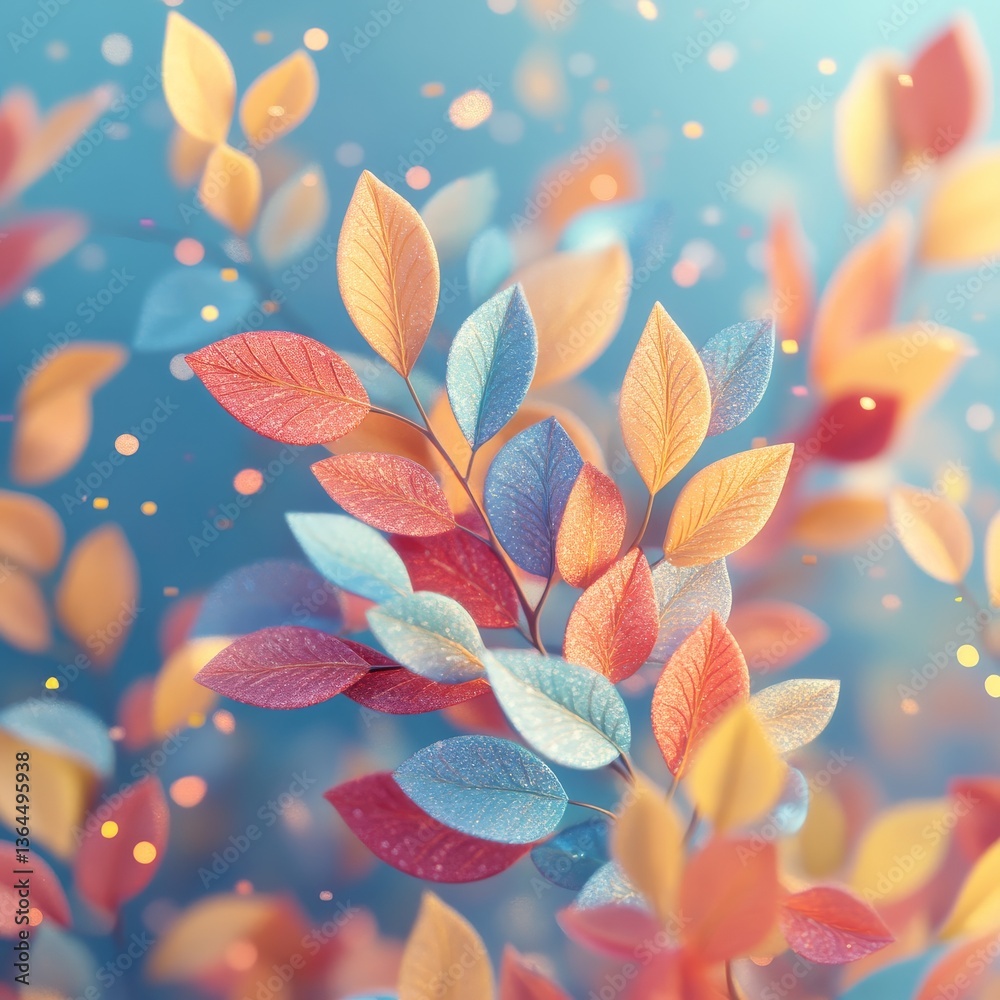 Poster abstract colorful leaves with bokeh lights - a dreamy autumnal composition on a gentle blue backgrou