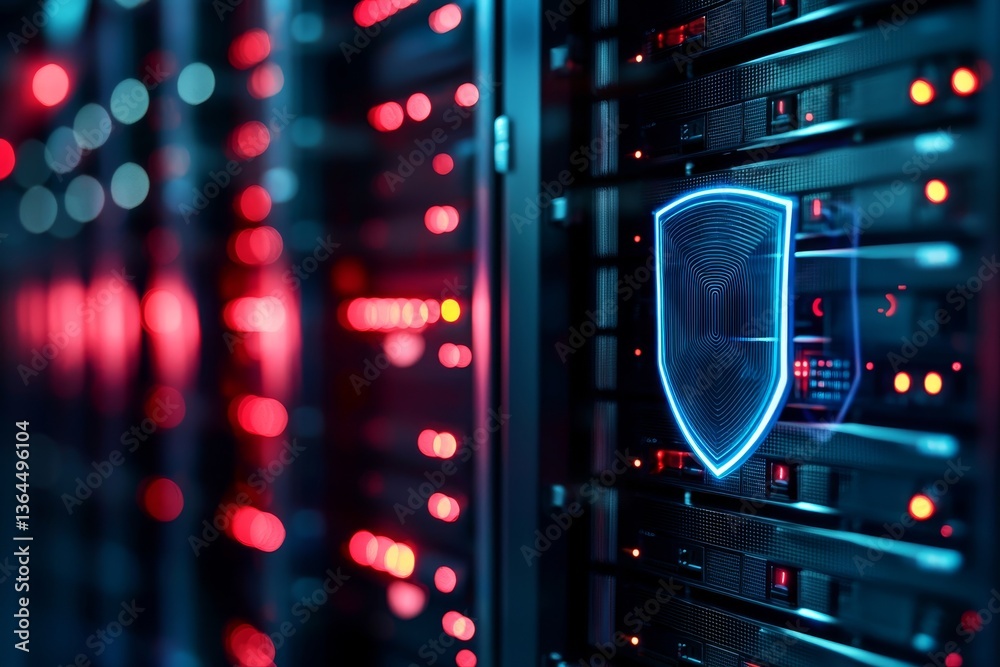 Poster data center and security optimization concept. digital server with security shield and vibrant red l