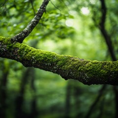 Fototapeta premium A Moss-Covered Branch in a Verdant Forest: A Close-Up View of Nature's Beauty and the Interconnectedness of Life