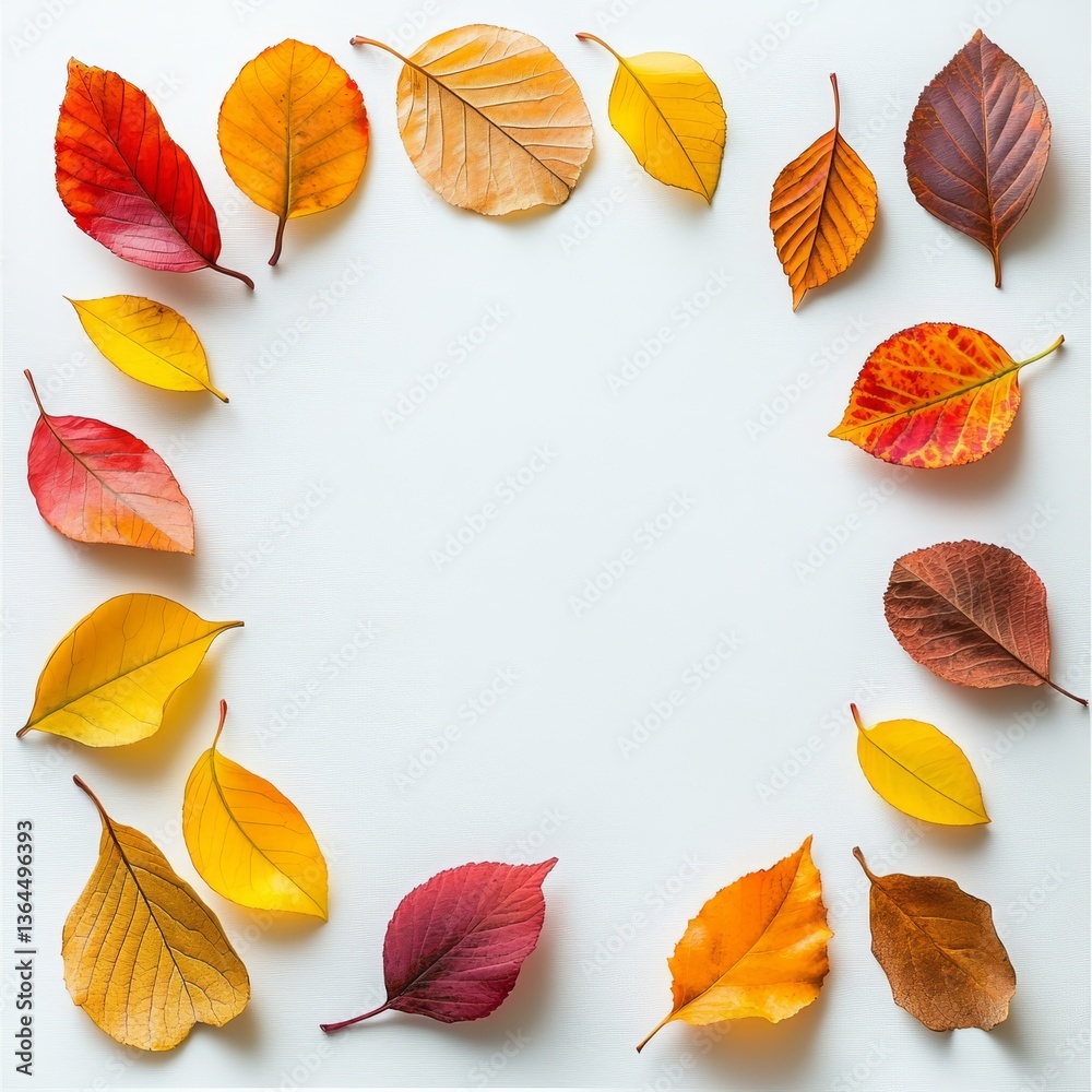 Poster autumnal frame: colorful leaves arranged around a white center creating a fall-themed visual with co