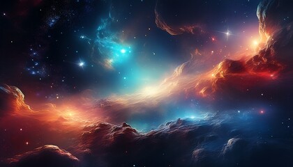 Naklejka premium A vibrant cosmic scene featuring swirling clouds of gas, bright stars, and a colorful nebula, evoking the vastness and beauty of the universe.