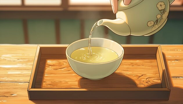  Pouring green tea from a teapot into cup, Close up, Anime Style