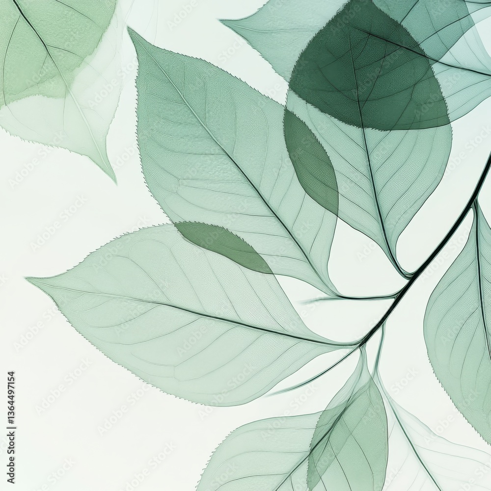 Aufkleber Delicate Green Leaves: A Botanical Study of Translucent Foliage in Soft Tones, Highlighting Vein Structure and Overlapping Forms