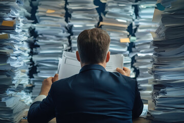 Fototapeta premium Overwhelmed businessman surrounded by stacks of paperwork