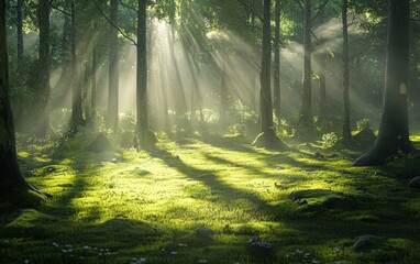 Obraz premium Sunlight Streaming Through Forest Trees: A Mystical Woodland Scene
