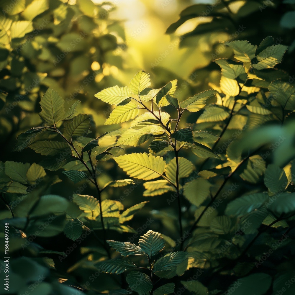 Poster Golden Hour Illumination: Sunlit Beech Leaves Creating a Natural Canopy of Light and Shadow in a Forest Setting