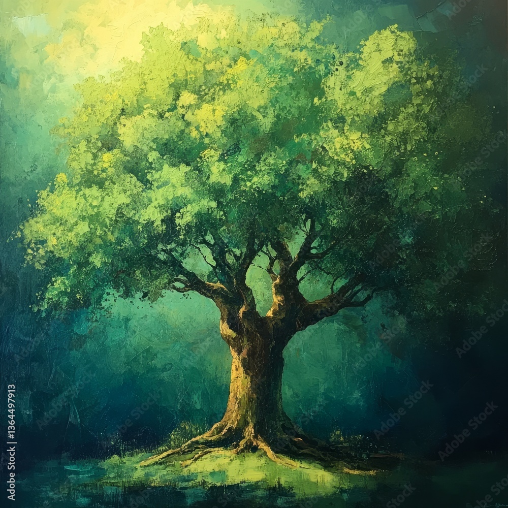 Poster luminous emerald canopy: an artistic impression of a lone tree radiating with life and tranquility