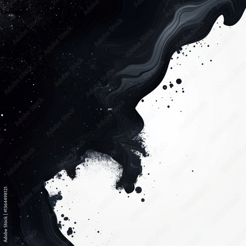 Aufkleber monochrome abstract: a striking contrast of black ink flowing into white space with textural details