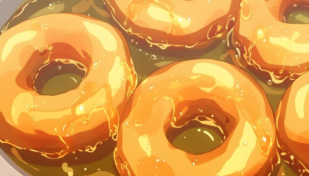 Closeup of frying tasty and homemade donuts on fresh oil, Anime Style