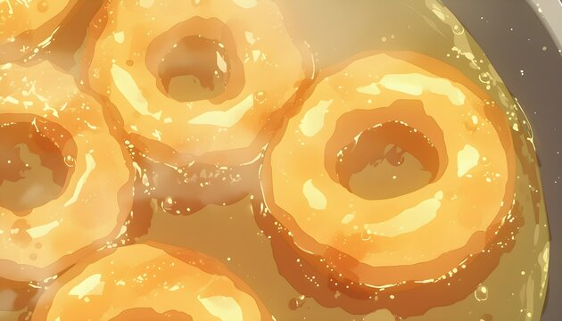 Closeup of frying tasty and homemade donuts on fresh oil, Anime Style